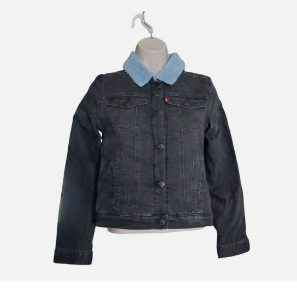 Levi's Trucker Black Jean Denim Jacket Fleece Sherpa Lined Girls 12-13 Size L - Picture 4 of 9